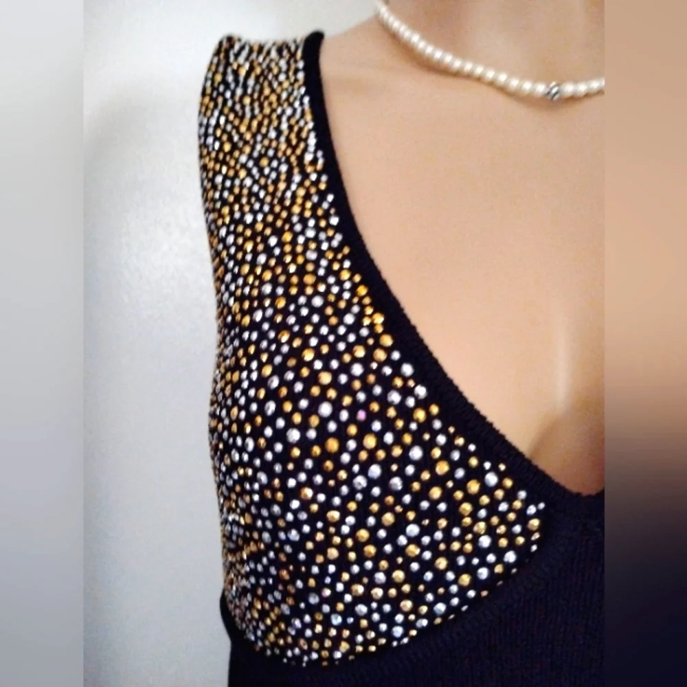 SALE! ST JOHN EVENING 10 HUNDREDS SILVER & GOLD CRYSTAL BLACK SANTANA KNIT DRESS - Picture 3 of 5